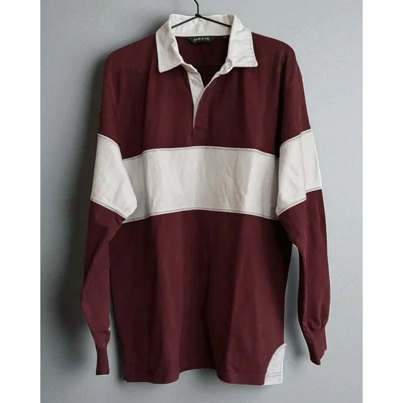 Orvis Rugby Shirt Men's Large Maroon White Striped Long Sleeve Cotton Polo - Picture 1 of 3